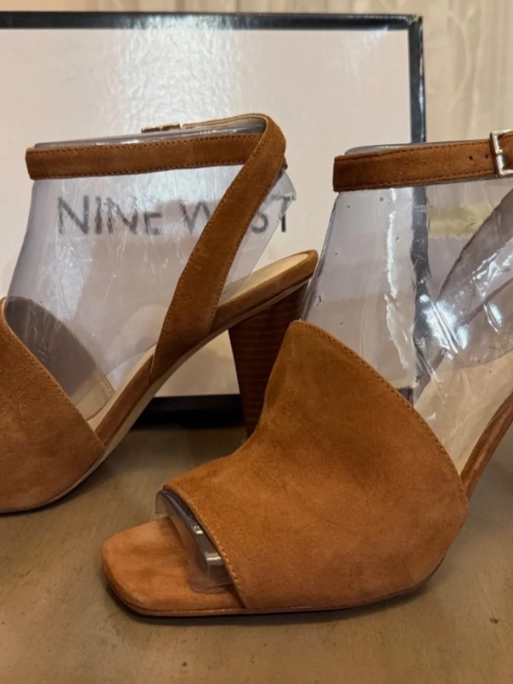 Nine West Quilty cone heels ankle strap suede sandals mules womens 9 nude boho - Picture 5 of 13